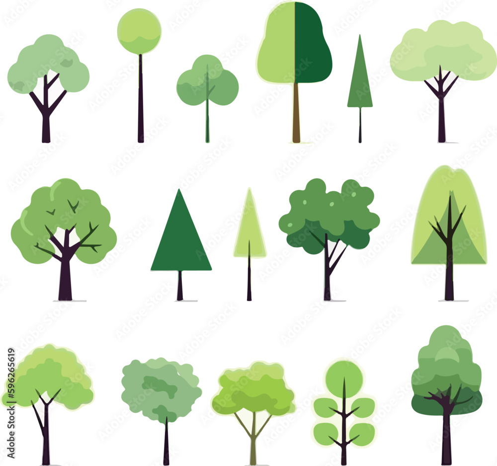 Cartoon trees set isolated on a white background. Simple modern style. Cute green plants, forest, vector flat
