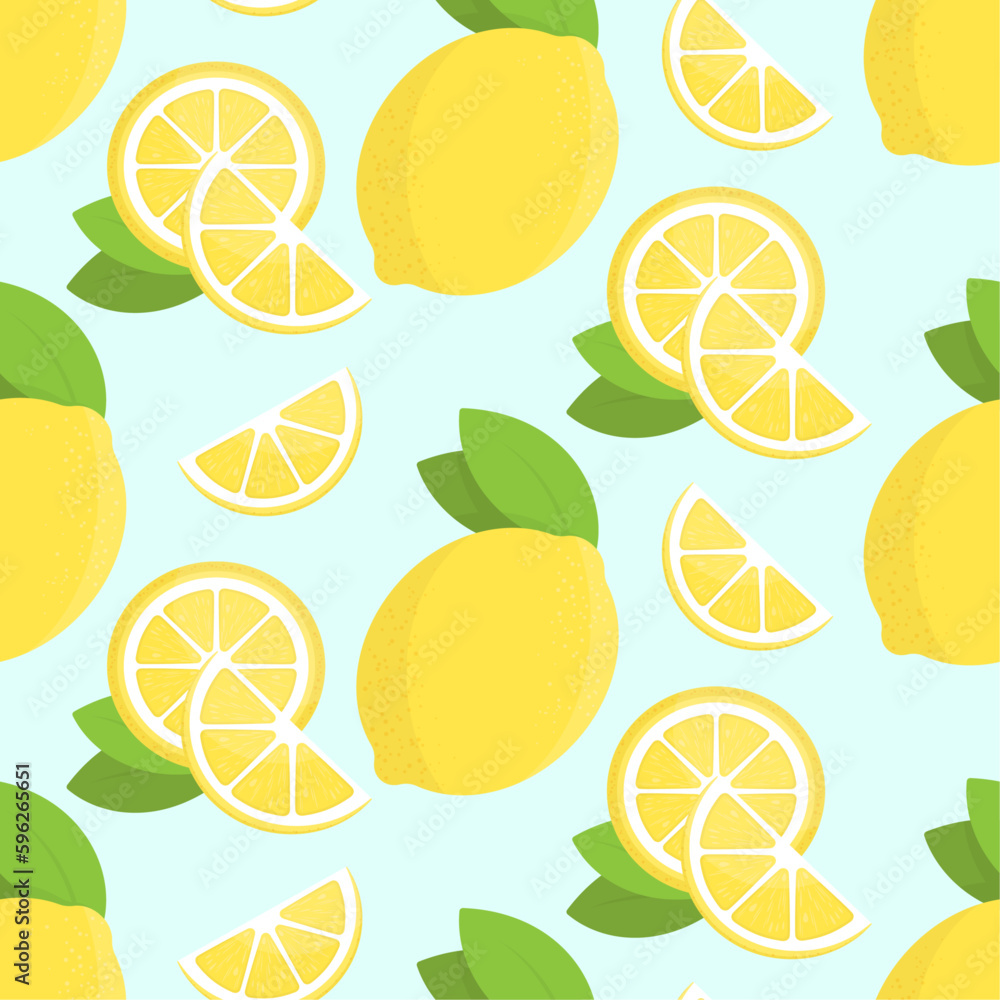 Lemons vector seamless pattern. Flat elements on blue background. Best for textile, wallpapers, home decoration, wrapping paper, package and web design.