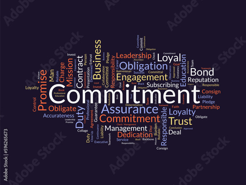 Word cloud background concept for Commitment. Responsibility engagement, business contract obligation of loyalty promise achievement. vector illustration.