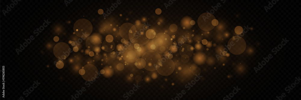 Dust gold. Golden sparks and golden stars shine with a special light. Christmas light effect. Shiny magical dust particles. On a transparent background.