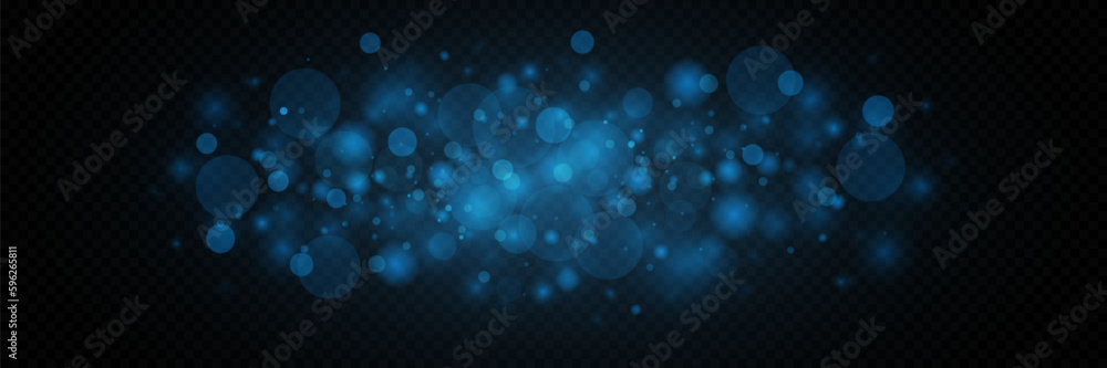 Background of shiny lights. Abstract blue bokeh. On a transparent background. Christmas and New Year.