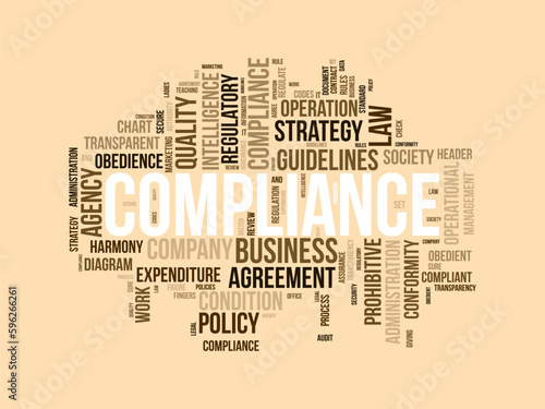Word cloud background concept for Compliance. Business agency policy guidelines for quality process regulatory. vector illustration.