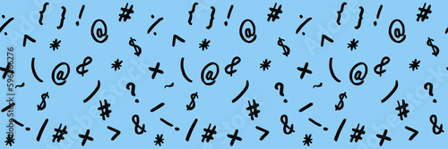 pattern with the image of keyboard symbols. Punctuation marks. Template for applying to the surface. pastel blue background. Banner for insertion into site. Horizontal image