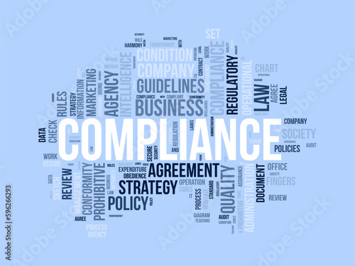 Word cloud background concept for Compliance. Business agency policy guidelines for quality process regulatory. vector illustration.