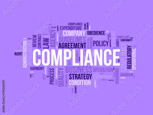 Word cloud background concept for Compliance. Business agency policy guidelines for quality process regulatory. vector illustration.