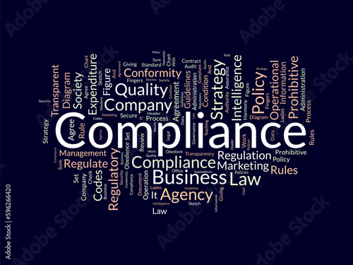 Word cloud background concept for Compliance. Business agency policy guidelines for quality process regulatory. vector illustration.
