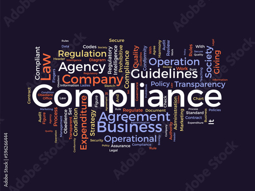 Word cloud background concept for Compliance. Business agency policy guidelines for quality process regulatory. vector illustration.