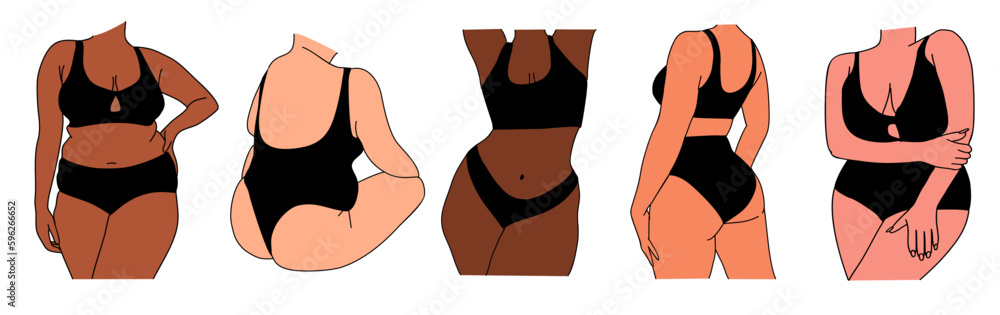 Set of curvy woman bodies different skin color vector colored line art drawing. Plus size beautiful girls in bikini, underwear. Body positive abstract minimalist illustration on transparent background - obrazy, fototapety, plakaty 