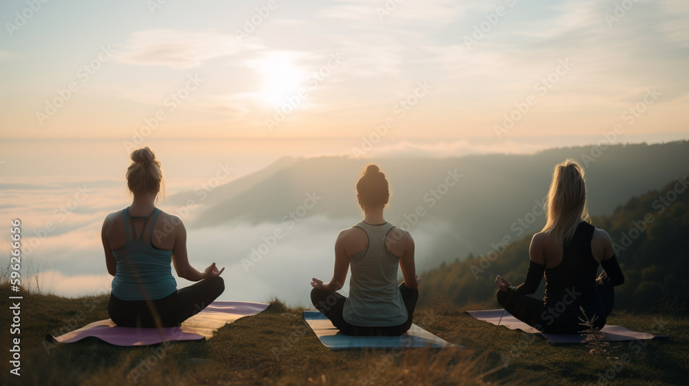 3 women meditating at the top of a mountain at sunrise.