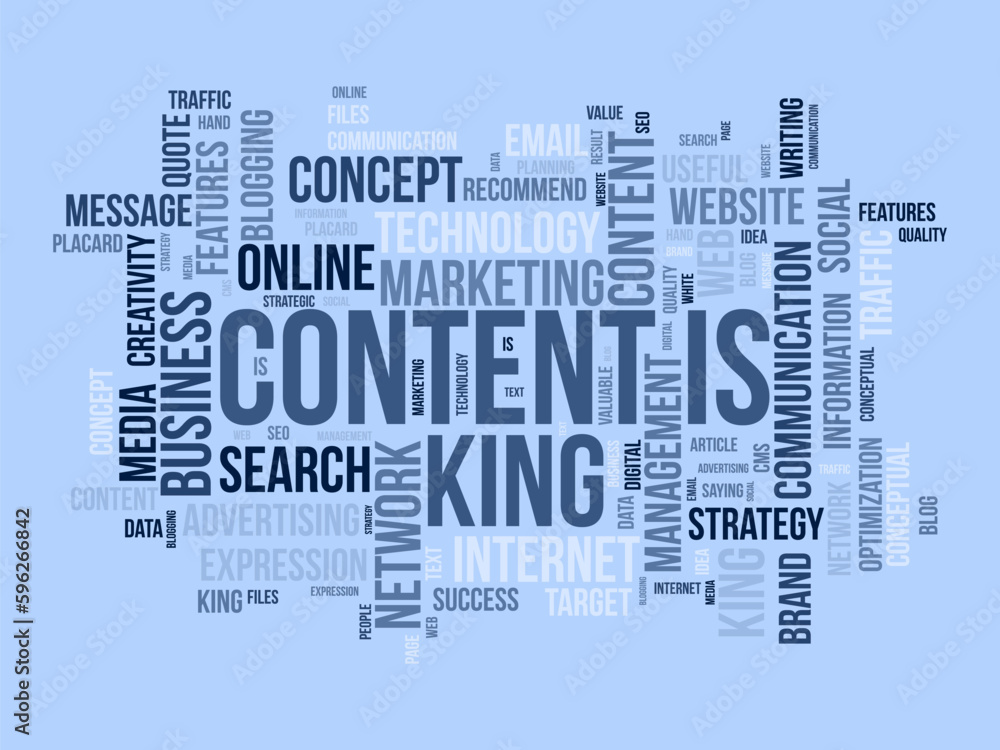 Word cloud background concept for Content is king. Idea optimization strategic success planning concept. vector illustration. Word cloud background concept for Content is king. Idea optimization strategic success planning concept. vector illustration.