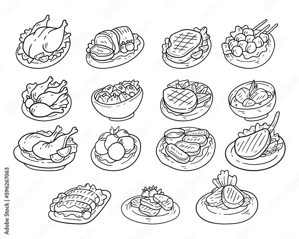 Set Of Meat Dishes Hand Drawn Outline Sketch Illustration Stock Vector set-of-meat-dishes-hand-drawn-outline-sketch-illustration-stock-vector