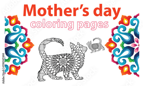 Mommy cat with her baby kitten coloring page. Black and white greeting card for Mothers Day. Vector illustration