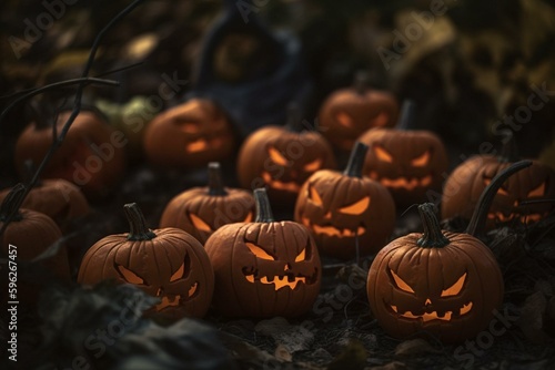 Halloween background featuring pumpkin heads for trick-or-treating. Generative AI