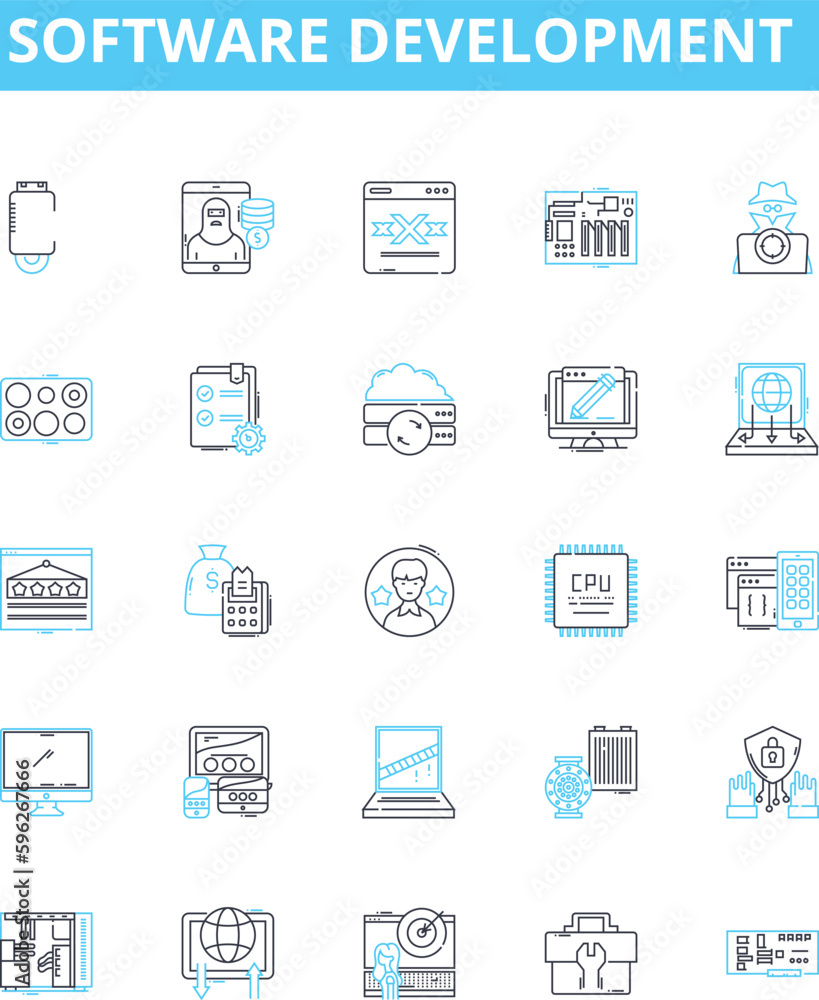 Software development vector line icons set. Software, Development, Programming, Coding, Algorithm, Architecture, Debugging illustration outline concept symbols and signs Software development vector line icons set. Software, Development, Programming, Coding, Algorithm, Architecture, Debugging illustration outline concept symbols and signs