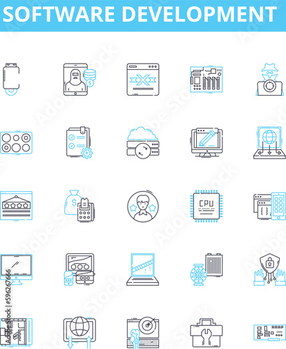 Software development vector line icons set. Software, Development, Programming, Coding, Algorithm, Architecture, Debugging illustration outline concept symbols and signs