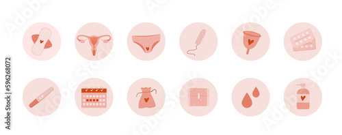 Female menstrual period icon set. Woman hygiene products. Calendar, reusable pads, uterus, menstrual cup, tampons, tablet, pregnansy test vector illustration. Social media, mobile app icons