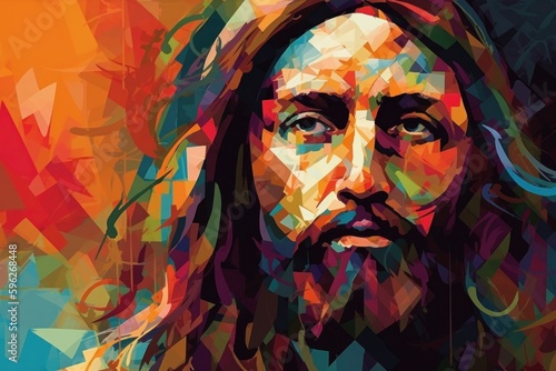 When Jesus is depicted in abstract art  the focus is often on his spiritual and symbolic qualities. The use of vibrant colors  bold shapes  and dynamic lines can capture the essence of his teachings.