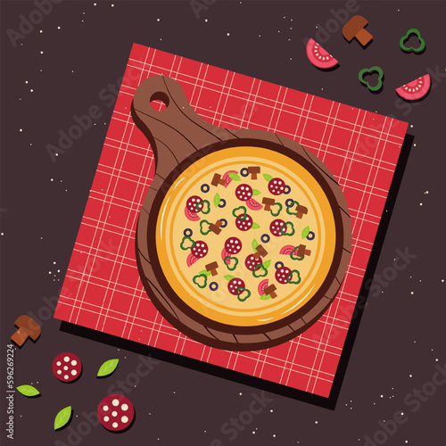 Pizza banner or background. Pizza on the board. Vector illustration.