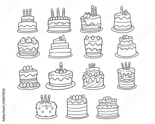 Set of birthday cake hand drawn outline sketch illustration