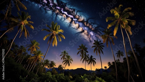 the night sky is filled with stars and palm trees, cosmic night background, milky way environment, nighttime nature landscape, night sky background, beautiful mattepainting, night landscape background