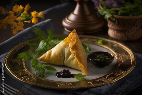 Beautiful serving uzbek food, samsa on the plate with black sauce a beautiful serving, soft light photo