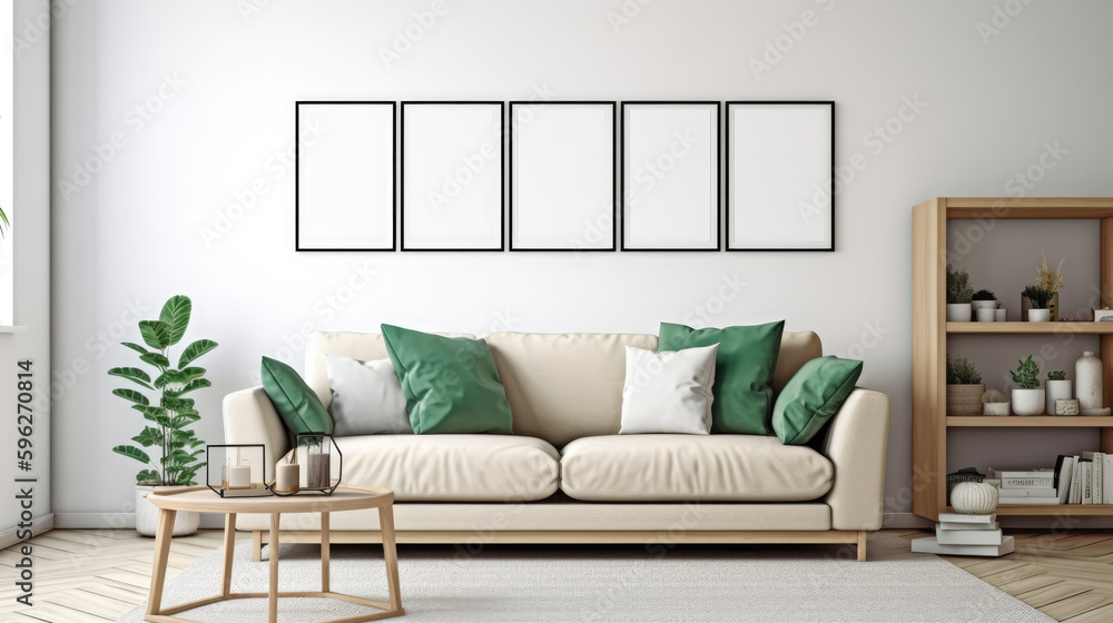 Fototapeta premium Modern interior of the living room with a mock-up frame. Generative AI