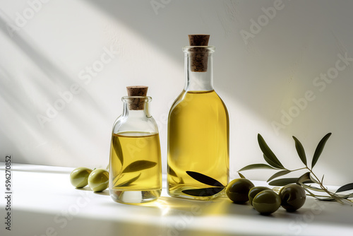 Extra virgin olive oil, top quality, olive trees from Andalusia, in the south of Spain, on a white table, product photography. food photography. made with ai