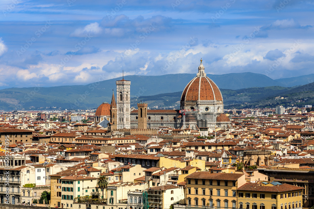 View over the Florence Cathedral in Florence, Tuscany, Italy, on a sunny day in spring.
