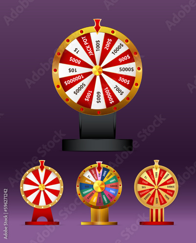 Fortune wheel vector set illustration for gambling background and lottery win concept. Wheel fortune for game and win jackpot.