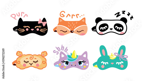 Sleep mask, in the form of a muzzle of cute animals. Set of stickers. Vector.