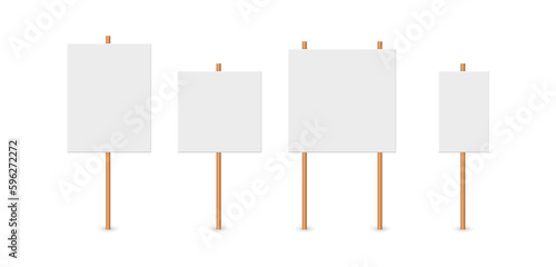 Picket sign, demonstration banners, public transparency, protest placard. Design blank boards with sticks, wooden holders template. Concept sign picket element