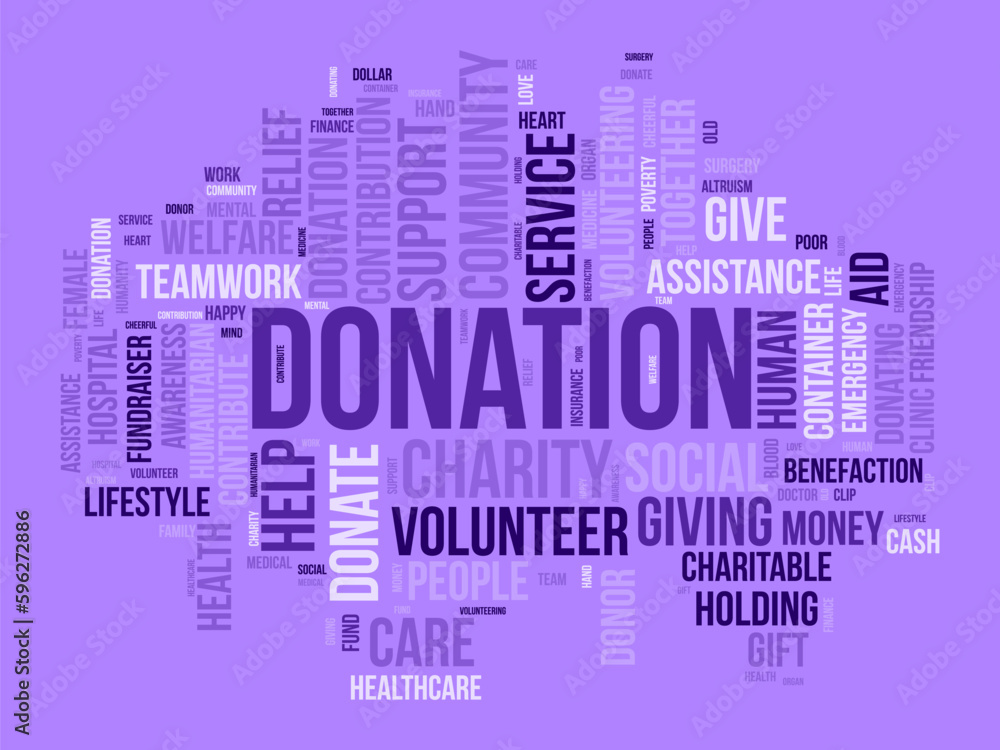 Obraz premium Word cloud background concept for DONATION. charity support, finance contribution help of community fundraising. vector illustration.