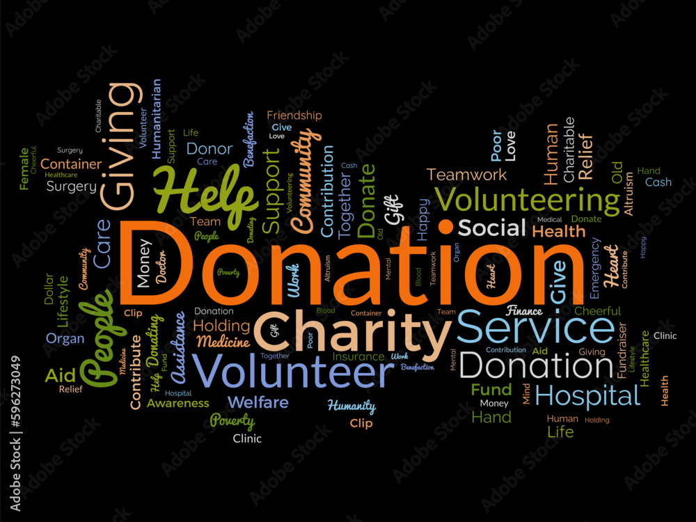 Word cloud background concept for DONATION. charity support, finance contribution help of community fundraising. vector illustration.