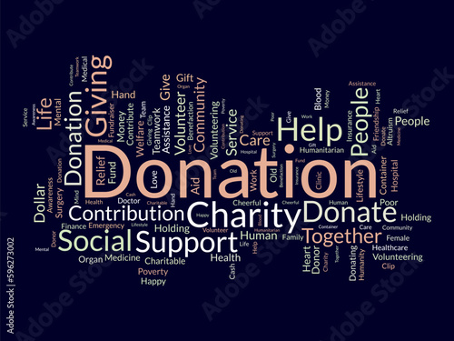 Word cloud background concept for DONATION. charity support, finance contribution help of community fundraising. vector illustration.