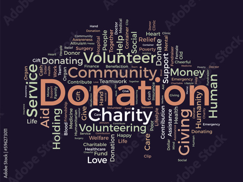 Word cloud background concept for DONATION. charity support, finance contribution help of community fundraising. vector illustration.