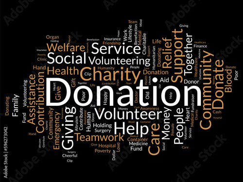 Word cloud background concept for DONATION. charity support, finance contribution help of community fundraising. vector illustration.