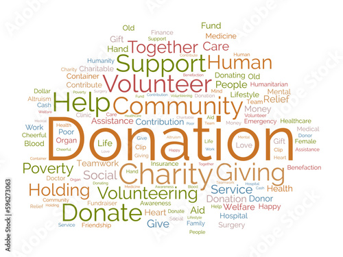 Word cloud background concept for DONATION. charity support, finance contribution help of community fundraising. vector illustration.