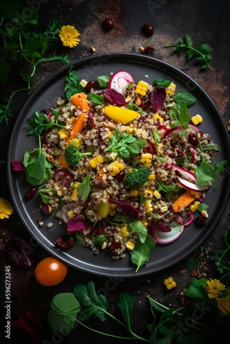 Salade de crudités variée, tomates, radis, croutons, légumes, fromage, plat équilibré et estival, illustration ia générative