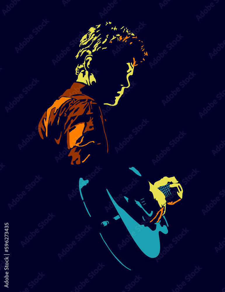 Colorful guitar player. Pop art and line art vector illustration.