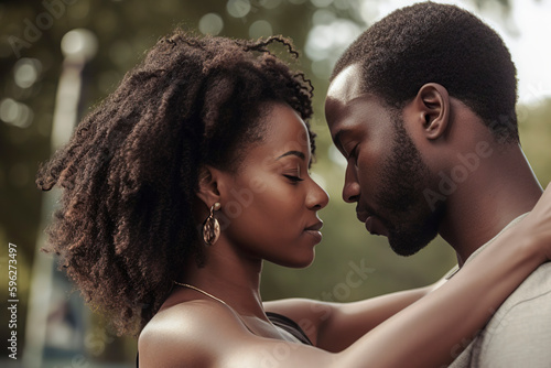 Capturing the Essence of Black Love: A Beautiful Portrait of an Affectionate and Intimate Couple Embracing in Blissful Togetherness, ai generative