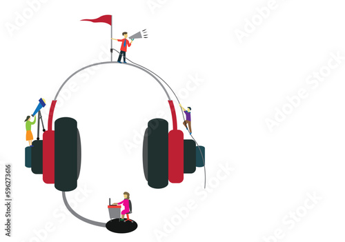 Call Center Headset with employees working. Editable Clip Art. 