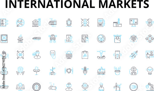 International markets linear icons set. Globalization, Trade, Export, Import, Cross-border, Exchange, Multinational vector symbols and line concept signs. Diversity,Integration,Outsourcing