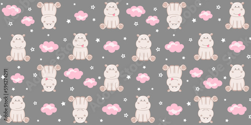 Sitting hippos, pink clouds and small white stars on a gray background. Endless texture with cute tiny behemoths. Vector seamless pattern for wrapping paper, giftwrap, surface texture, cover and print