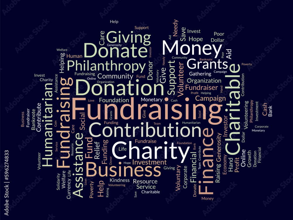 Word cloud background concept for Fundraising. Charity funding, philanthropy donation support of charitable contribution. vector illustration. - obrazy, fototapety, plakaty 