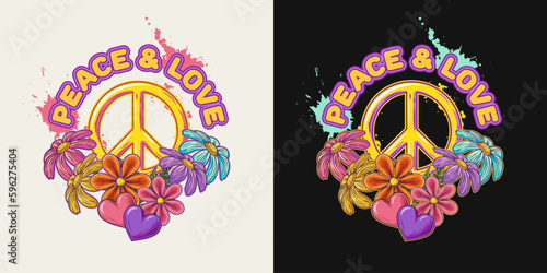 Label with peace sign, chamomile flower, hearts, paint splashes, text Peace and Love Good for groovy, hippie style
