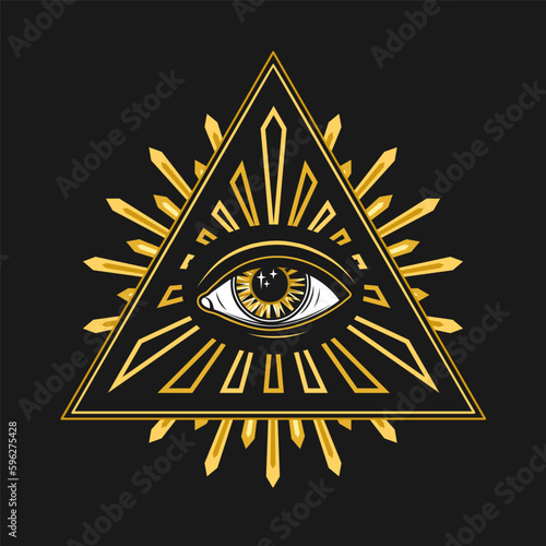 Composition with all seeing eye, eye of providence. Illuminati symbol in pyramid, triangle with light rays, geometric beams. Golden design in retro, vintage style.