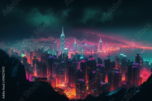 Vivid neon city against mountainous AI backdrop. Generative AI