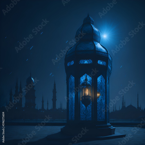 A blue lantern with the moon in the background