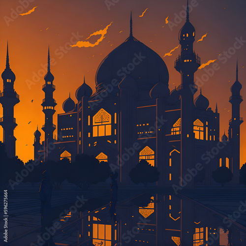 Image of a mosque with a sunset behind it in Japanese anime comic cartoon style
