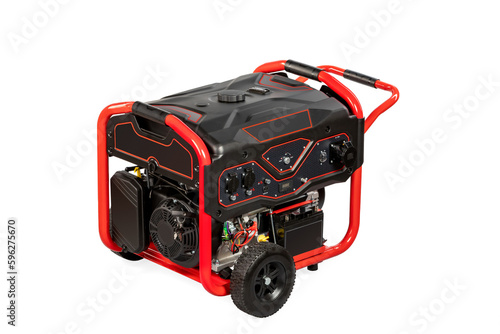 Red and black portable electric gas generator isolated on white for backup energy.